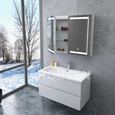 Baño de luz espejo LED rectangular de cerámica blanca montada en la pared Conjuntos Gabinetes moderno cuarto de baño de lujo con lavabo