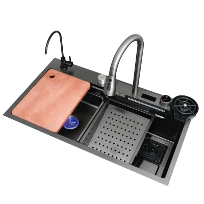 Negro Nano simple moderno Acero inoxidable Cascada Cocina Sinals Smart Multifunción 304 Cocina de Acero inoxidable con pantalla digital