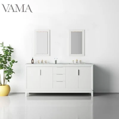 Vama estilo americano de 72 pulgadas de madera maciza de alta calidad gabinete de vanidades de baño de pintura blanca con doble lavabo UN220872WH