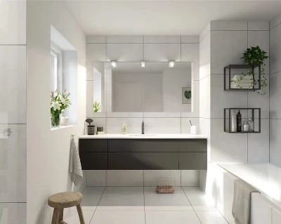  Armario de baño de tocador de diseño de cajón gris suave y cerrado
