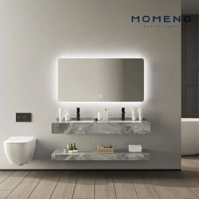 Diseño moderno y nuevo conjunto de muebles de baño personalizados con espejo LED, lavabo de pizarra y gabinete.