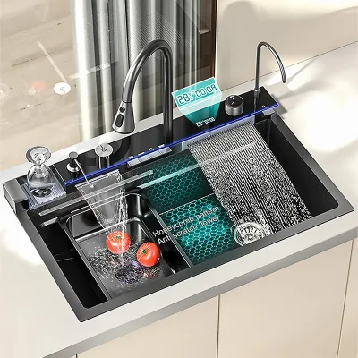  Nano Fregadero Cascada Lavaplatos de acero inoxidable Negro moderno lavado Lavabo Cocina Sink