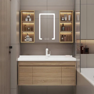 Armario de almacenamiento de baño con lavabo moderno tocador de madera maciza Con espejo LED Muebles de baño personalizados