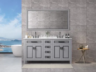 Color gris de 60 pulgadas montado en el piso lavabo doble espejo enmarcado encimera de mármol cuatro puertas Foor cajones de madera maciza Muebles de Baño mueble de tocador