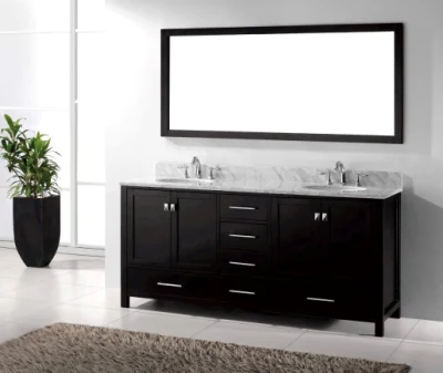 Color gris de 60 pulgadas montado en el piso lavabo doble espejo enmarcado encimera de mármol cuatro puertas Foor cajones de madera maciza Muebles de Baño mueble de tocador