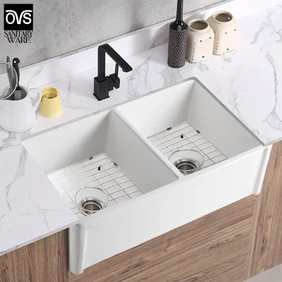  Nueva llegada al frente de delantal doble cuenco de cerámica de porcelana blanca cocina Lavabo lavabo