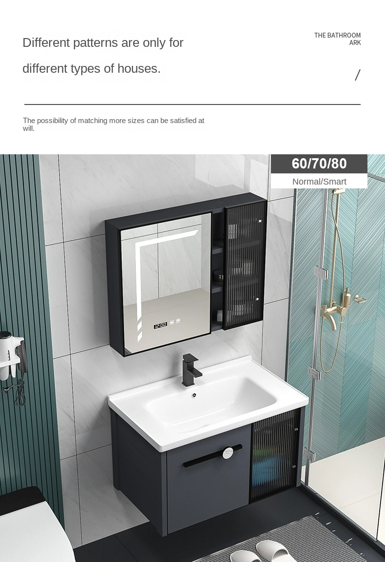 China Wholesale Wall Mounted Type Bathroom Cabinet with Black Artificial Stone Top Black Ceramic Basin and LED Mirror