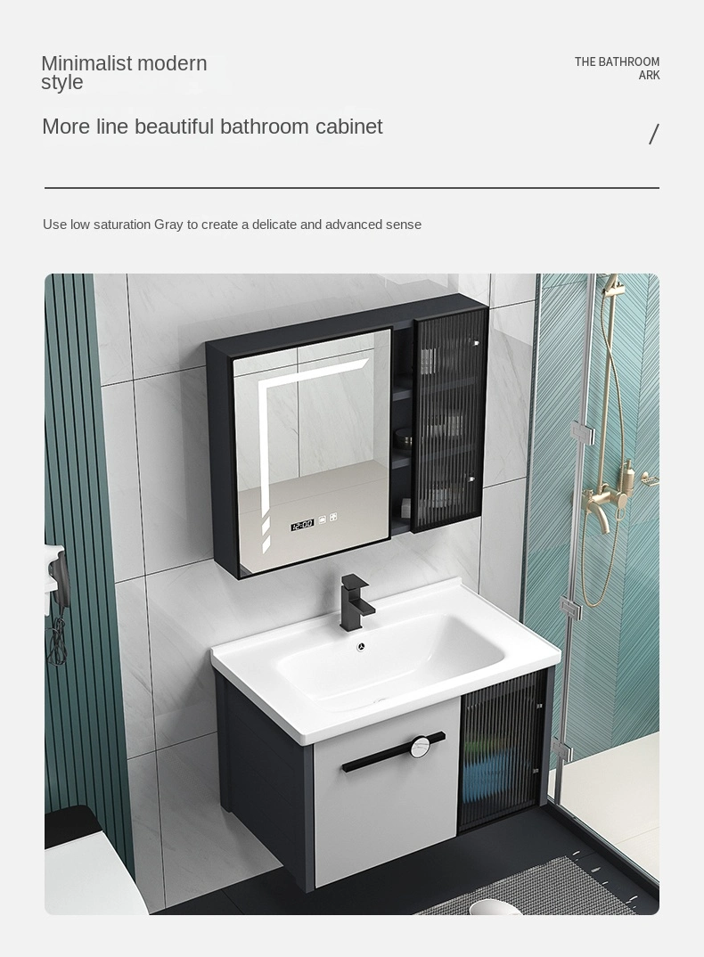 China Wholesale Wall Mounted Type Bathroom Cabinet with Black Artificial Stone Top Black Ceramic Basin and LED Mirror