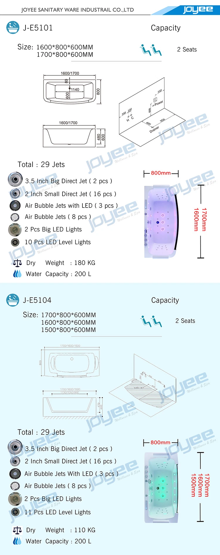 Joyee Large Size One Person Indoor Freestanding Air Bubble Jets Acrylic Massage Bathtub