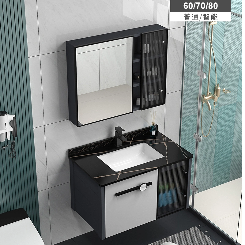 China Wholesale Wall Mounted Type Bathroom Cabinet with Black Artificial Stone Top Black Ceramic Basin and LED Mirror