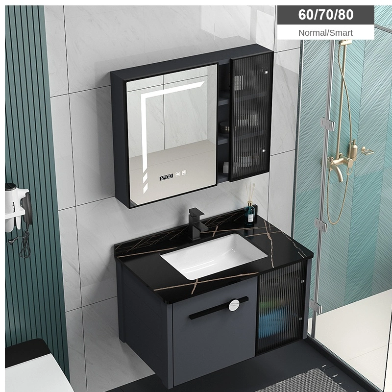 China Wholesale Wall Mounted Type Bathroom Cabinet with Black Artificial Stone Top Black Ceramic Basin and LED Mirror