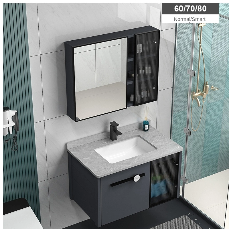 China Wholesale Wall Mounted Type Bathroom Cabinet with Black Artificial Stone Top Black Ceramic Basin and LED Mirror