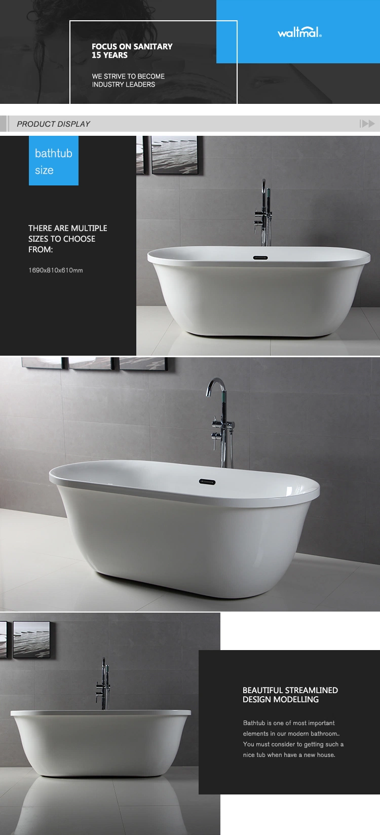 Freestanding Indoor Simple Deep Acrylic Bathtubs Tub