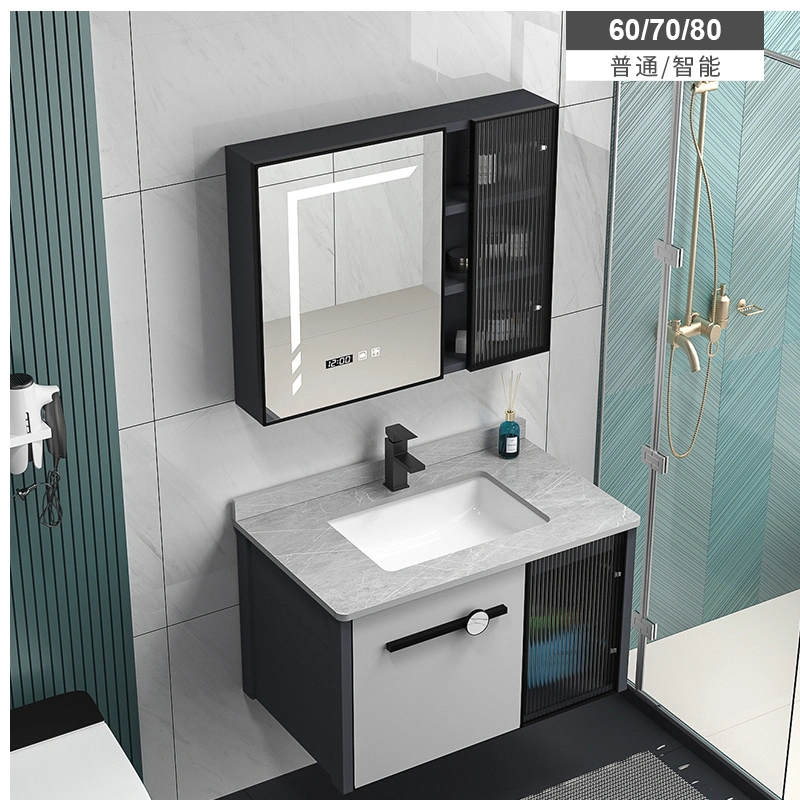 China Wholesale Wall Mounted Type Bathroom Cabinet with Black Artificial Stone Top Black Ceramic Basin and LED Mirror