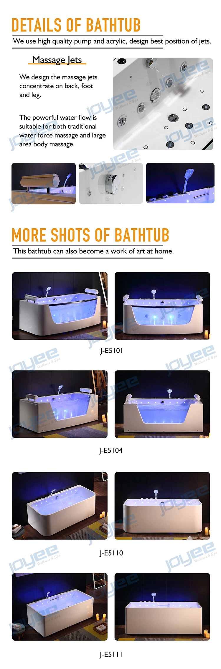 Joyee Large Size One Person Indoor Freestanding Air Bubble Jets Acrylic Massage Bathtub