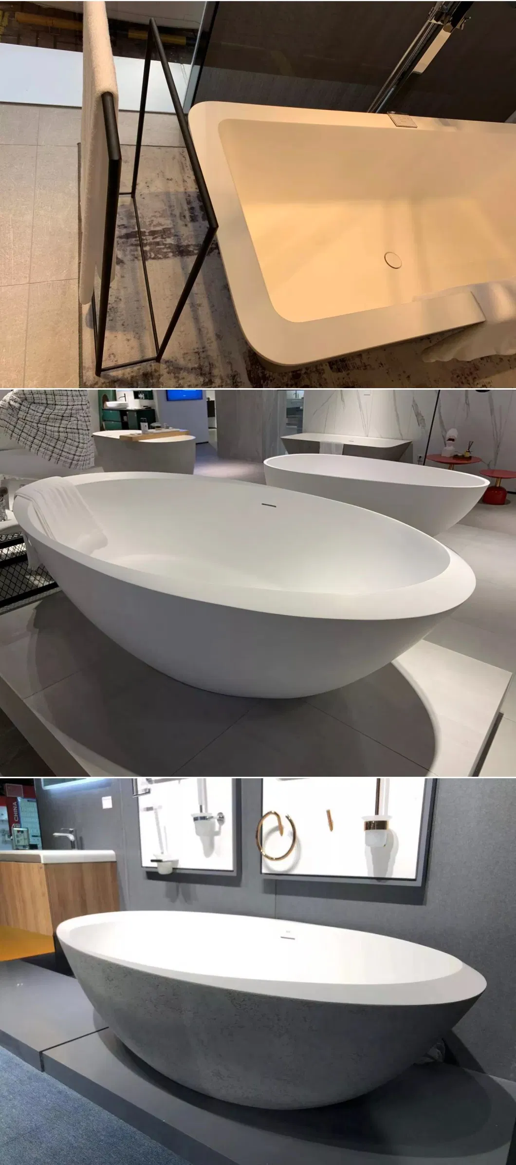 Ortonbath Rectangular Square Edge Large Adult Bathroom Tub Acrylic Solid Surface Bathtub Freestanding Deep Soaking Bathtub with Center Floor Drain Overflow