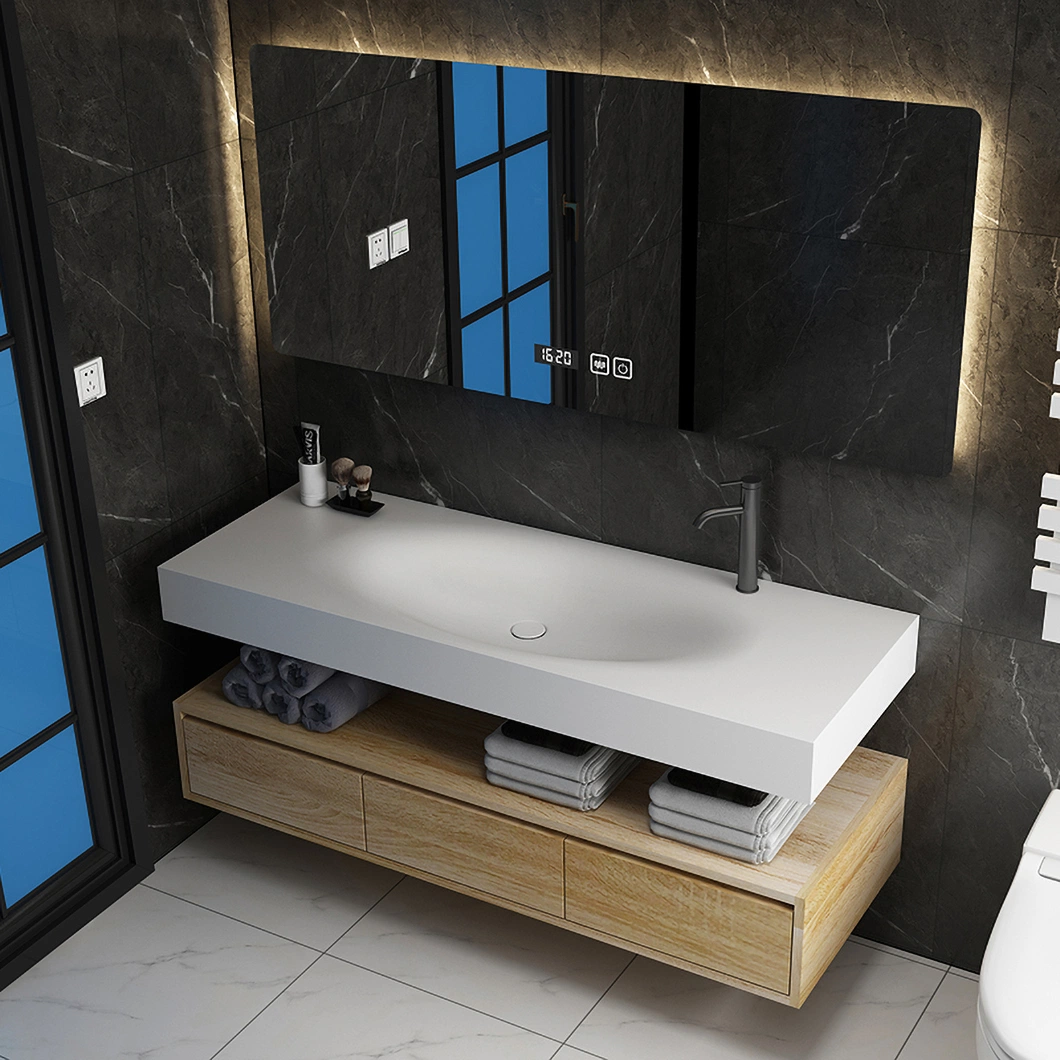 OEM Simple Modern Yuanbao Integrated Wash Basin Sink Bathroom Hotel Washstand Solid Wood Bathroom Cabinet with Mirror