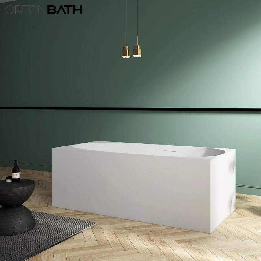 Ortonbath Rectangular Square Edge Large Adult Bathroom Tub Acrylic Solid Surface Bathtub Freestanding Deep Soaking Bathtub with Center Floor Drain Overflow