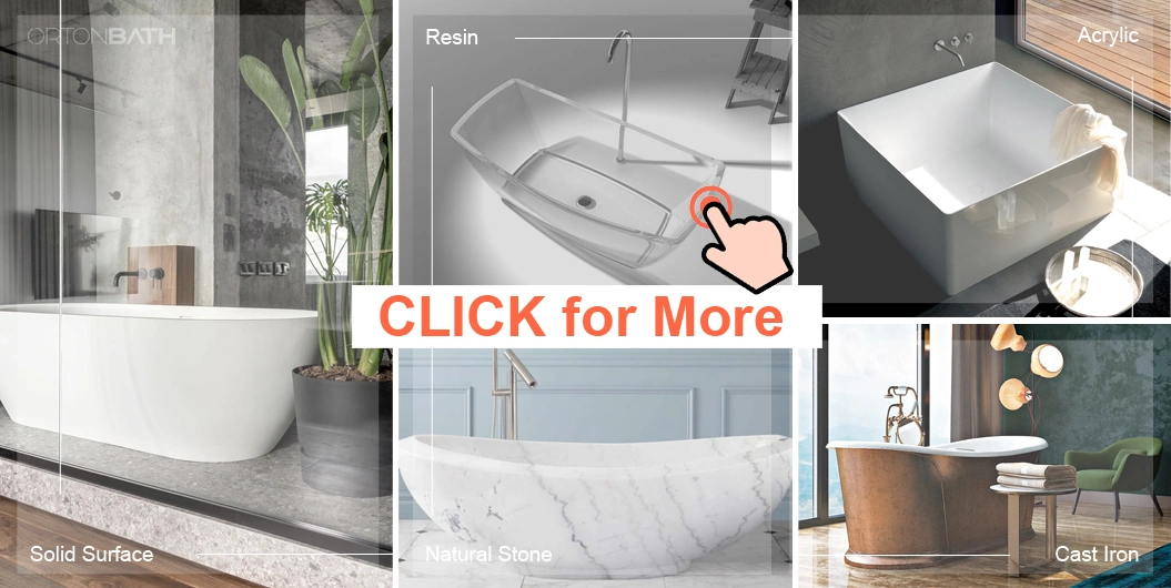 Ortonbath Rectangular Square Edge Large Adult Bathroom Tub Acrylic Solid Surface Bathtub Freestanding Deep Soaking Bathtub with Center Floor Drain Overflow