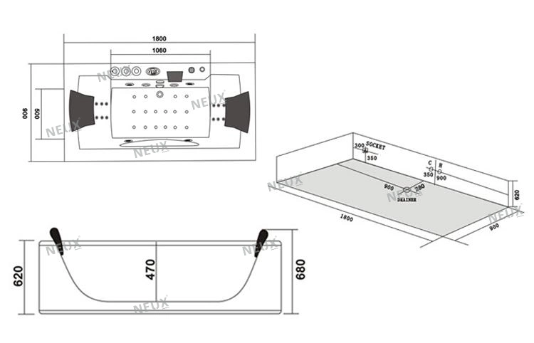 Popular Rectangle Acrylic Hydro Massage Whirlpool Bathtub with Pillow (TLP-659 Pneumatic Control)