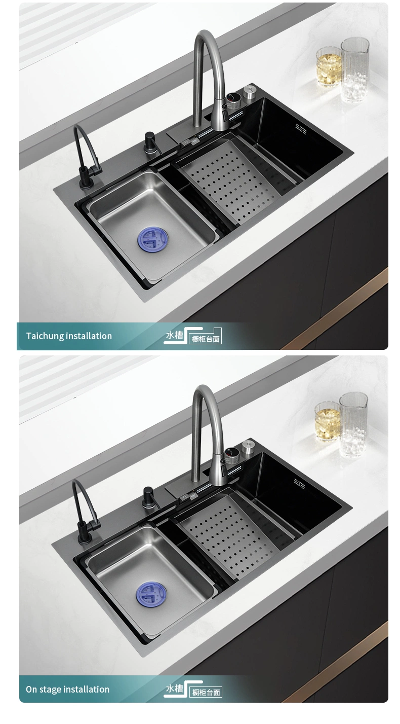 Black Nano Single Modern Stainless Steel Waterfall Kitchen Sinks Smart Multifunction 304 Stainless Steel Kitchen Sink with Digital Display