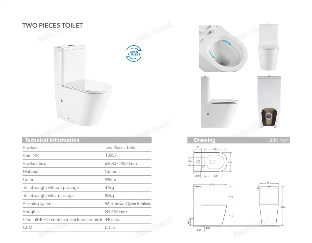 Classic Design Master Bathroom Two Piece Water Closet 3/4.5L Flush Whole Set Bidet Ceramic Rimless Toilet