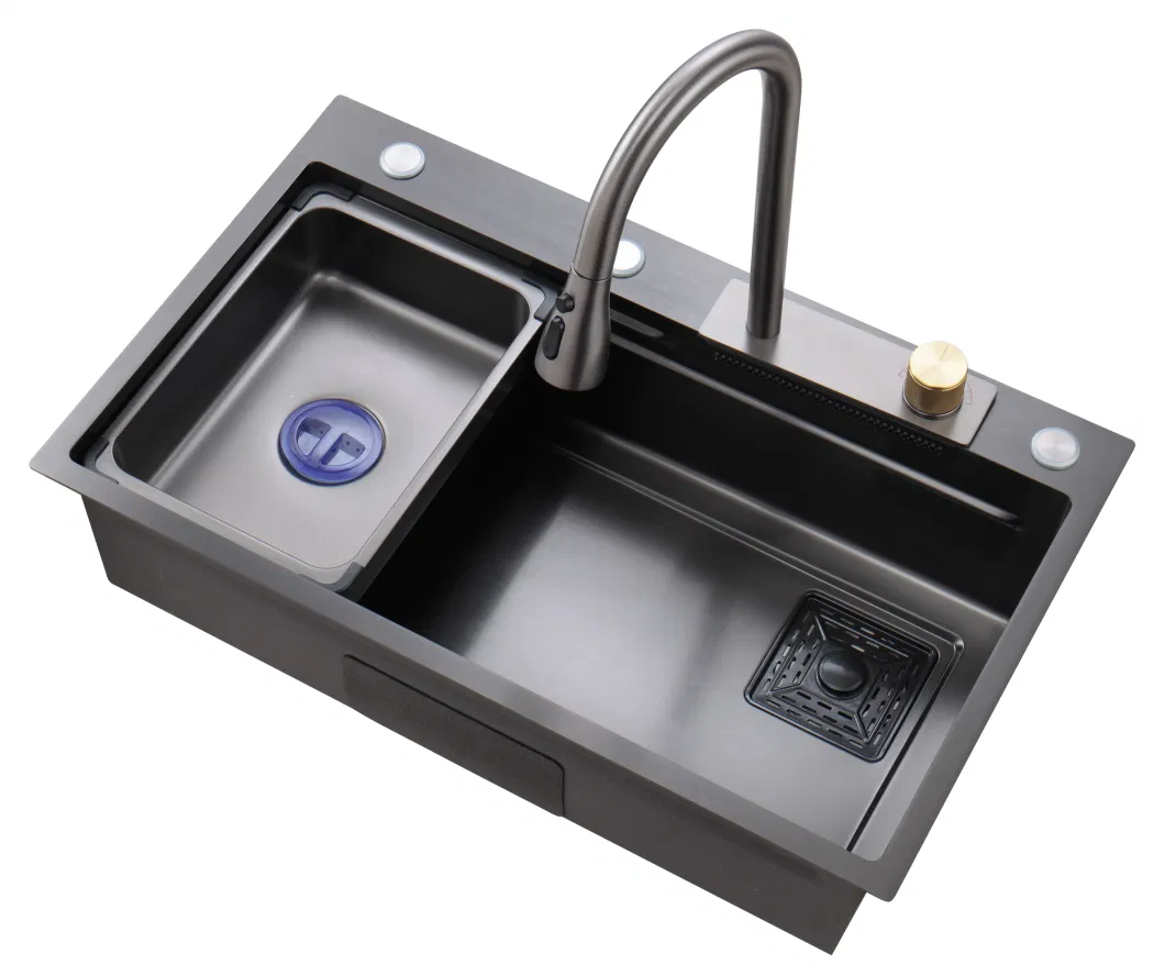 Ws7546A Handmade Single Bowl with Waterfall Faucet Nanoblack China Wholesale Factory Customized Accessories Stainless Steel Cabinet Kitchenware Kitchen Sink