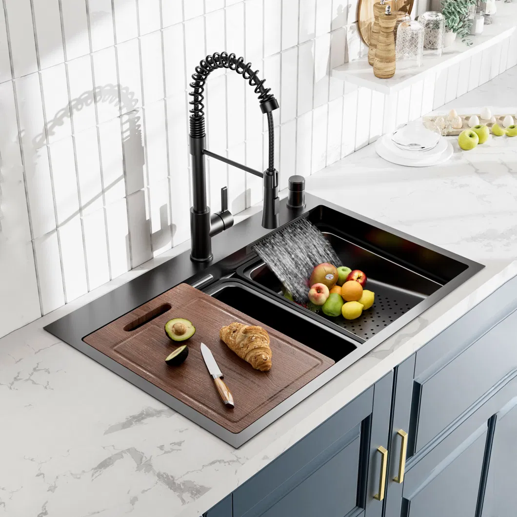 Nano Step Kitchen Sink 304 Stainless Steel Handmade Farmhouse Kitchen Black Sinks with Waterfall Faucet