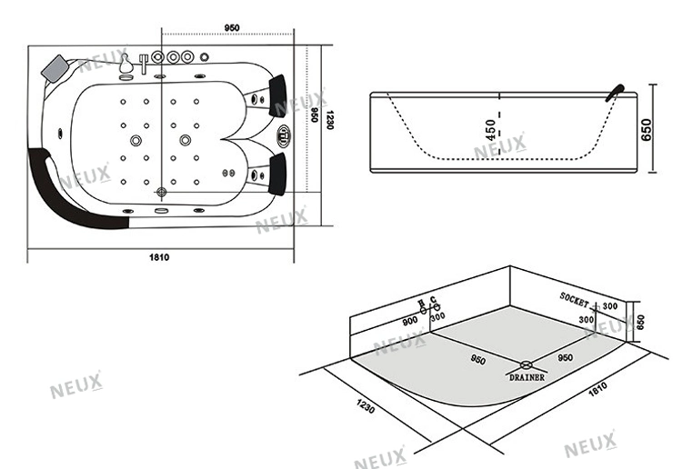 Hot Double Acrylic Jacuzzi Bathtub with Underwater Light (CDT-006 Pneumatic Control)