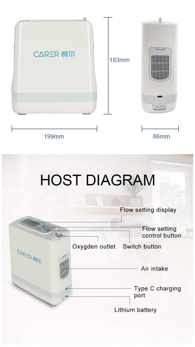 Carer Outdoor Use Large Flow 96% Mini Oxygen-Concentrator Generator with Battery Small Portable Pulse Oxygen Concentrator