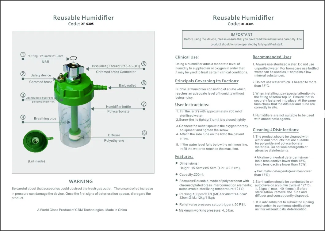 Reusable Oxygen Humidifiers for Oxygen Regulators-