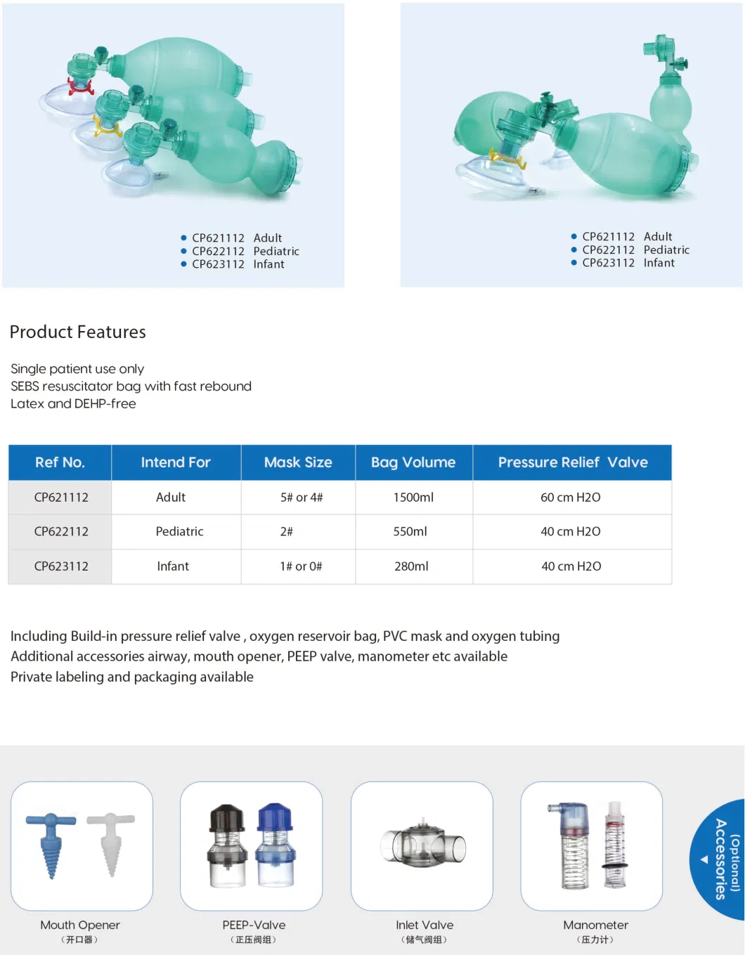 Professional Medical Disposable Pediatric SEBS Manual Oxygen Ambu Bag Resuscitator