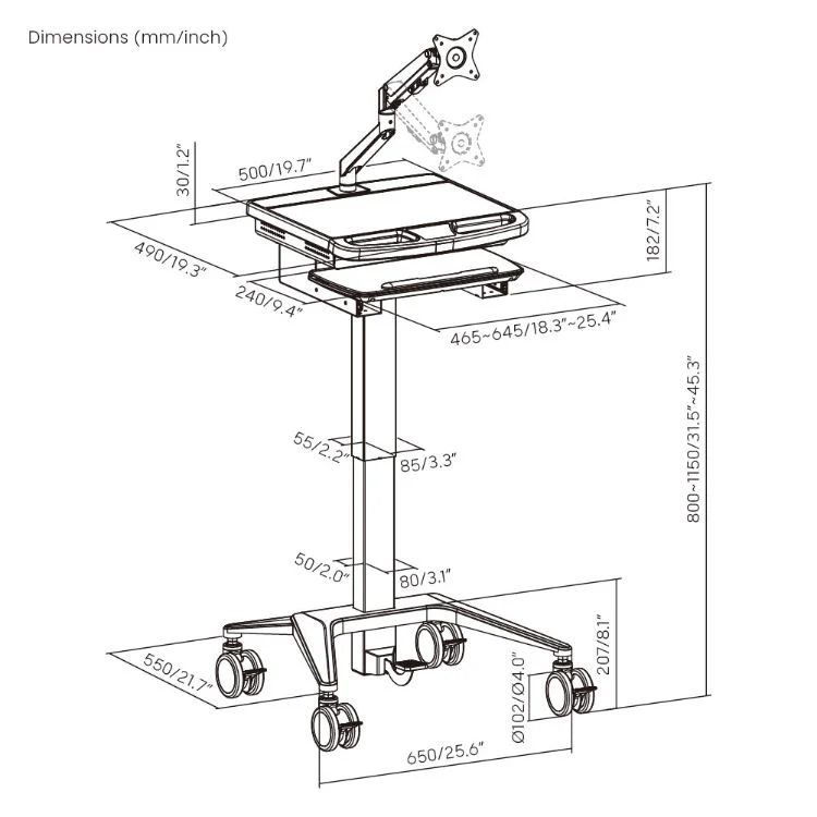 Gas-Lift Medical Cart Mobile Height Adjustable Trolley with Monitor Arm Wheels Keyboard Tray