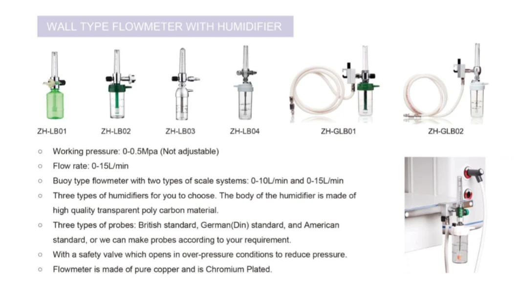 Single Oxygen Flowmeter with Humidifier Hospital Use Oxygen Gas Flow Meter