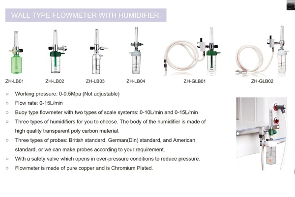 Hospital Use Gas Flow Meter Oxygen Regulator Oxygen Flowmeter with Humidifier Bottle