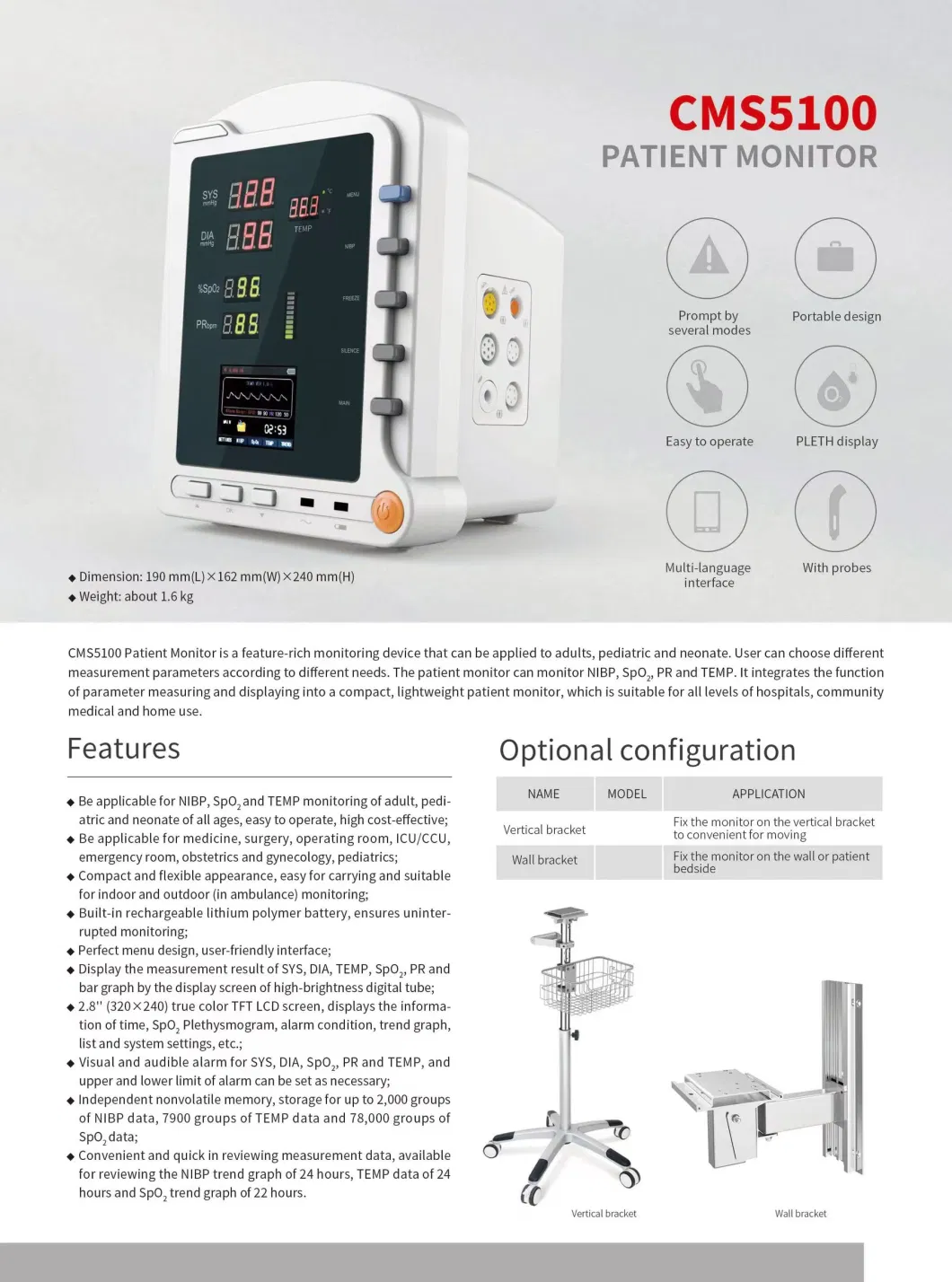 Cms5100 Hospital ICU Ccu Emergency Room Medical Outdoor Portable Patient Monitor