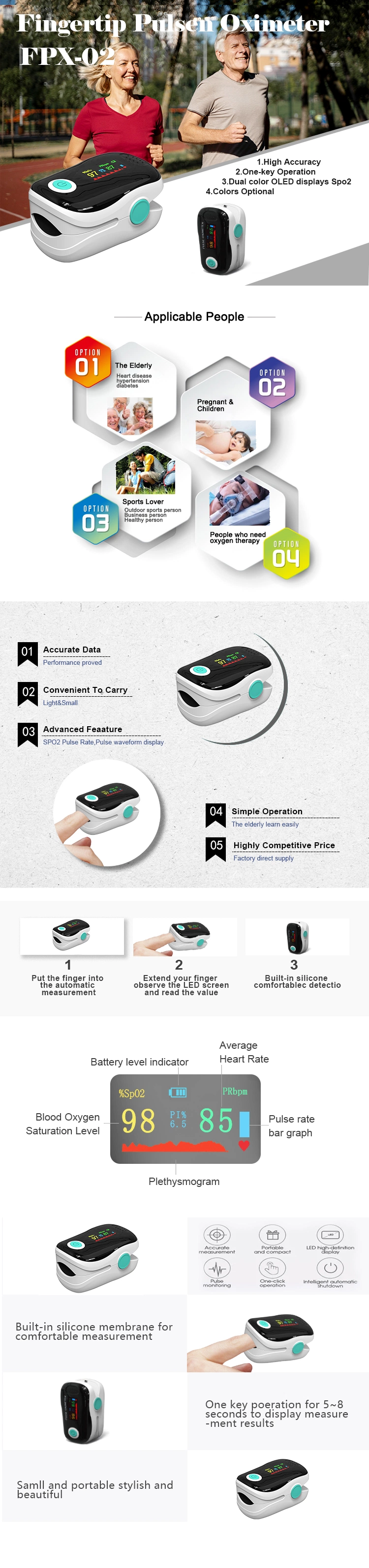 Finger Pulse Oximeter Medical Heart Rate Monitor Oxygen