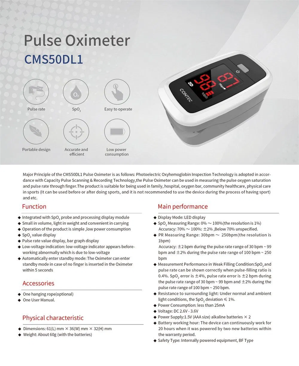 Contec Cms50dl1 Medical Equipment SpO2 Senser Fingertip Oximeter