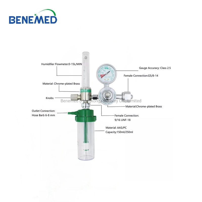 Medical Oxygen Regulator Flowmeter with Humidifier Bottle / Optional Connections