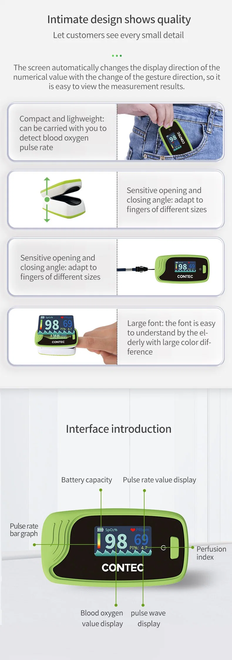 Contec Cms50L-PRO Medical Wireless Pocket Portable Handheld Clip Fingertip Pulse Oximeter