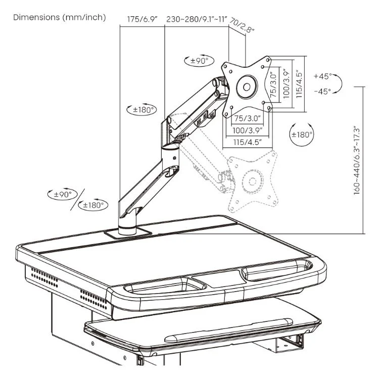 Gas-Lift Medical Cart Mobile Height Adjustable Trolley with Monitor Arm Wheels Keyboard Tray