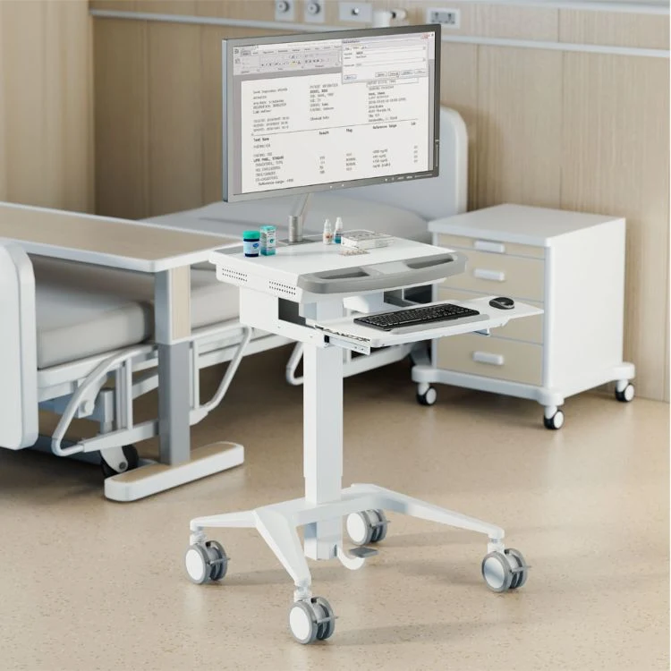 Gas-Lift Medical Cart Mobile Height Adjustable Trolley with Monitor Arm Wheels Keyboard Tray