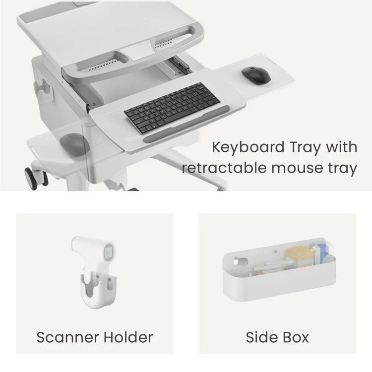 Gas-Lift Medical Cart Mobile Height Adjustable Trolley with Monitor Arm Wheels Keyboard Tray