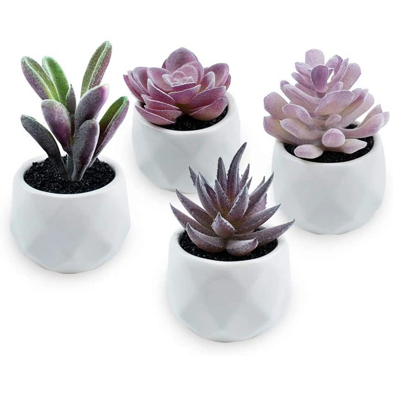 Mini Artificial Succulent Plants in Geometric Ceramic Planter Pots, Set of 4