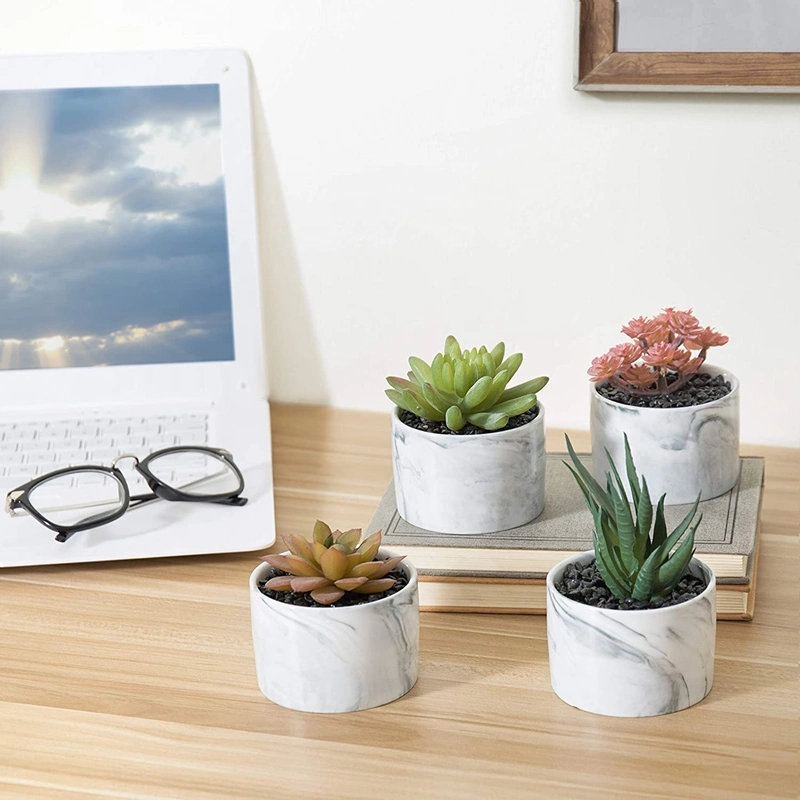 Mini Artificial Succulent Plants in Marbled Ceramic Planters, Set of 4