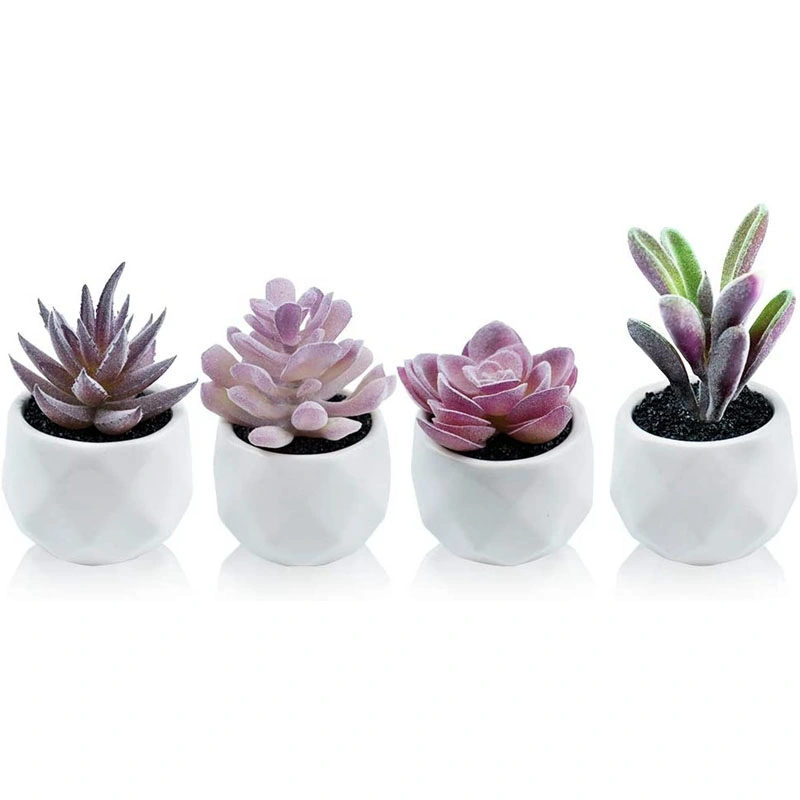 Mini Artificial Succulent Plants in Geometric Ceramic Planter Pots, Set of 4