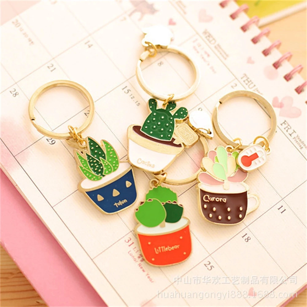 Lovely Cactus Keychain Succulent Potted Plants Shaped Ring Gold Metal Keychain