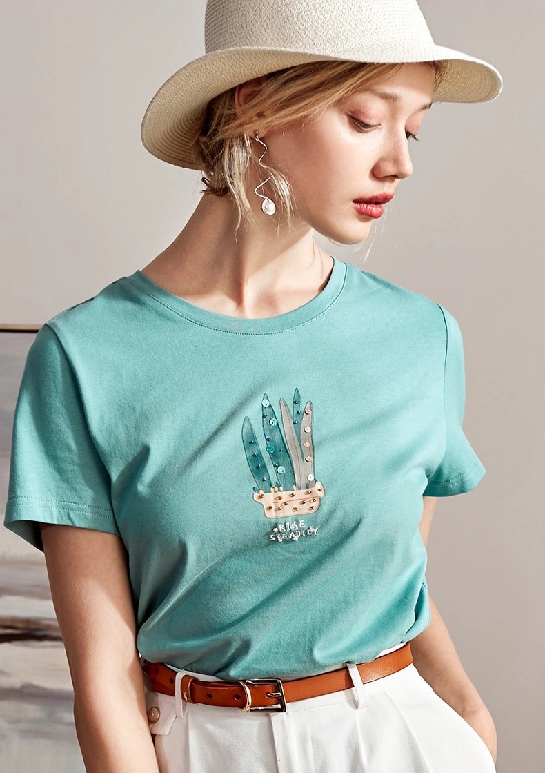 Fresh Green Cacti Printed Contrast Sequin Embroidered Cute Fashion Tshirt