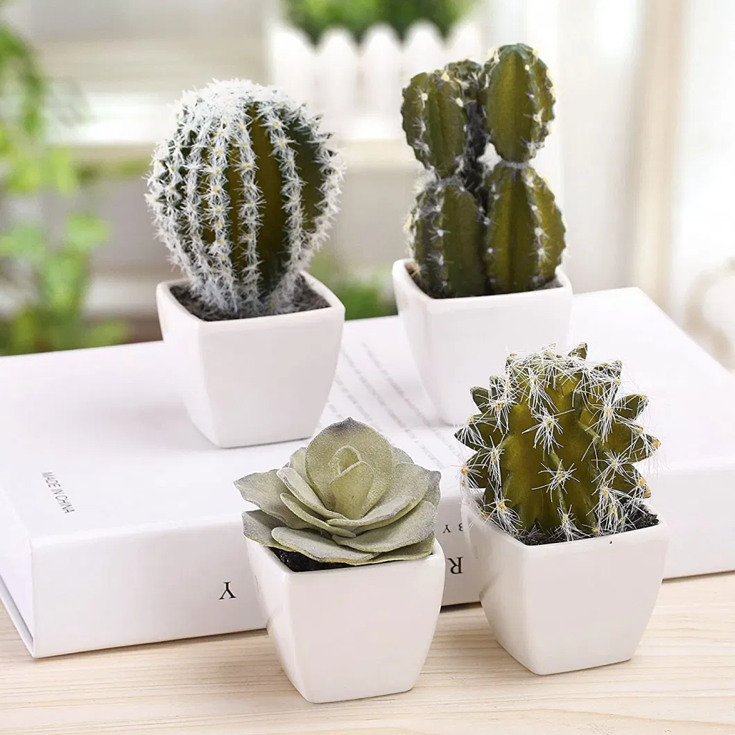 5-Inch Decoration Plant Mini Assorted Artificial Cactus Plants, Faux Cacti Assortment in Square White Pots, Set of 4 or Can Mix by Yourself for Home Decoration