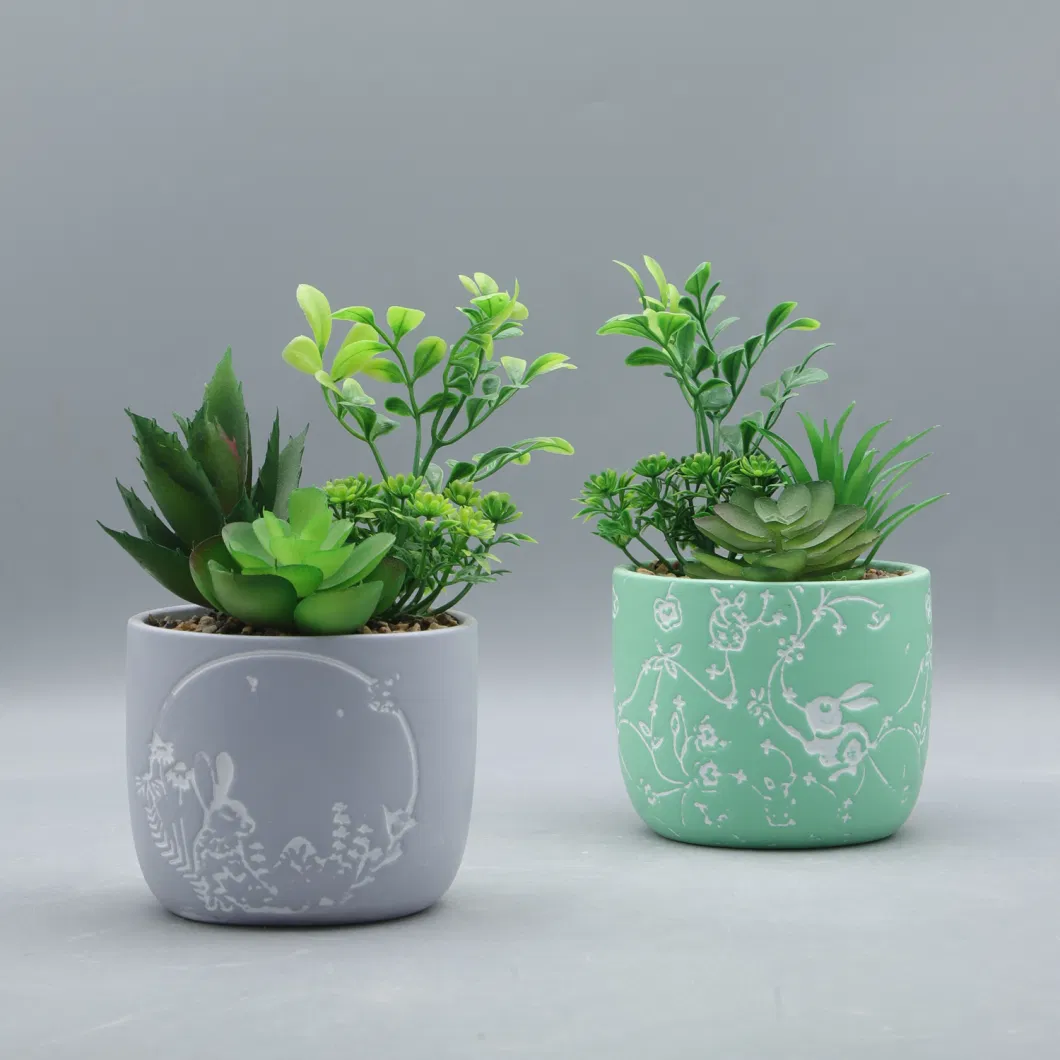 Cement Embossment Pot with Faux Succulent Artifical Succulent Imitation Succulent Potted Succulent Table Decoration